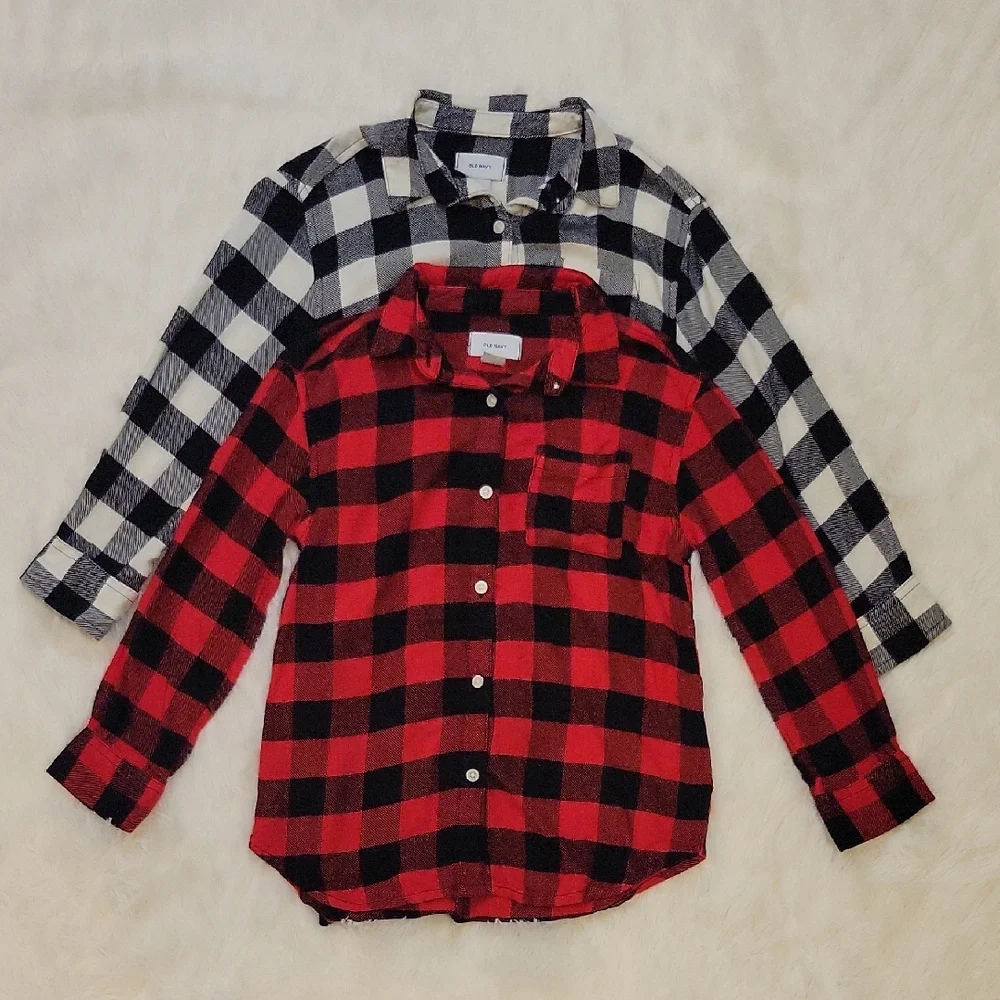 Old Navy Buffalo Plaid Flannel Shirt Bundle Red, White, Black Girl Size S (6-7)